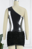 Pink Sexy Casual Solid Patchwork Oblique Collar Sleeveless Dress Dresses