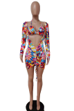 Multicolor Sexy Print Hollowed Out Halter Long Sleeve Two Pieces