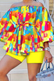 Multicolor Casual Street Print Bandage Patchwork Off the Shoulder Three Quarter Two Pieces