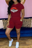 Red Casual Lips Printed Basic O Neck Short Sleeve Two Pieces