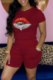 Red Casual Lips Printed Basic O Neck Short Sleeve Two Pieces
