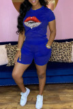Red Casual Lips Printed Basic O Neck Short Sleeve Two Pieces