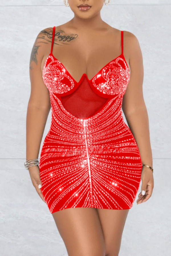 Red Sexy Patchwork Hot Drilling Backless Spaghetti Strap Sleeveless Dress Dresses