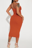 Brick Red Sexy Solid Bandage Patchwork Strapless Sleeveless Two Pieces