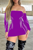 Purple Sexy Print Patchwork Off the Shoulder Pencil Skirt Dresses