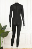 Black Sexy Solid Patchwork See-through O Neck Skinny Jumpsuits