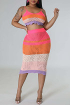Orange Red Sexy Hollowed Out Patchwork Spaghetti Strap Sleeveless Two Pieces