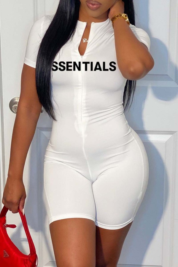 White Casual Letter Print Basic Zipper Collar Skinny Romper