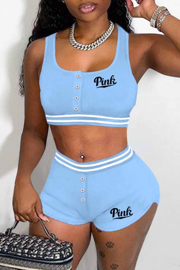 Sky Blue Street Print Letter U Neck Sleeveless Two Pieces