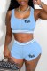 Sky Blue Street Print Letter U Neck Sleeveless Two Pieces