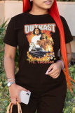 Black Street Vintage Print Patchwork O Neck T-Shirts