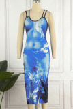 Blue Sexy Print Patchwork Slit Spaghetti Strap Straight Dresses