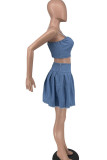 Blue Sexy Solid Patchwork Spaghetti Strap Two Pieces