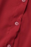Red Casual Solid Patchwork Shirt Collar Short Sleeve Dress
