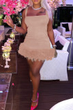 Pink Sexy Solid Patchwork Feathers Square Collar Pencil Skirt Dresses