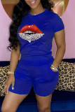 Red Casual Lips Printed Basic O Neck Short Sleeve Two Pieces