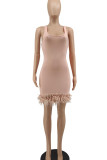 Pink Sexy Solid Patchwork Feathers Square Collar Pencil Skirt Dresses