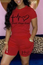 Red Casual Print Basic O Neck Short Sleeve Two Pieces