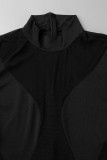 Black Sexy Solid Patchwork See-through O Neck Skinny Jumpsuits