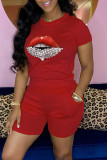 Red Casual Lips Printed Basic O Neck Short Sleeve Two Pieces