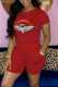 Red Casual Lips Printed Basic O Neck Short Sleeve Two Pieces