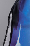 Blue Sexy Print Patchwork Slit Spaghetti Strap Straight Dresses