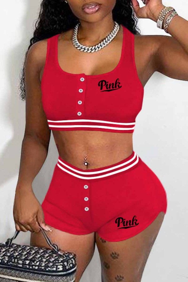 Red Street Print Letter U Neck Sleeveless Two Pieces