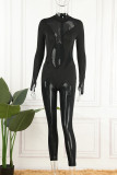 Black Sexy Solid Patchwork See-through O Neck Skinny Jumpsuits
