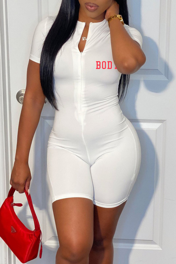 White Casual Sportswear Print Patchwork Zipper Collar Skinny Rompers