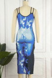 Blue Sexy Print Patchwork Slit Spaghetti Strap Straight Dresses