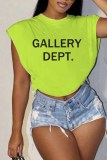 Light Green Casual Street Print Letter O Neck T-Shirts