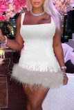 Pink Sexy Solid Patchwork Feathers Square Collar Pencil Skirt Dresses