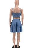 Blue Sexy Solid Patchwork Spaghetti Strap Two Pieces