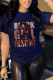 Navy Blue Street Vintage Print Patchwork Letter O Neck T-Shirts