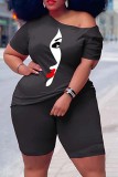 Black Red Casual Print Basic Oblique Collar Plus Size Two Pieces