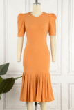 Red Casual Solid Basic O Neck Short Sleeve Dress