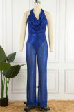 Blue Sexy Solid Sequins Backless Halter Regular Jumpsuits
