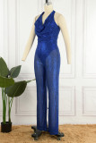 Blue Sexy Solid Sequins Backless Halter Regular Jumpsuits