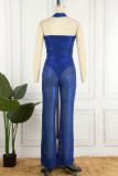 Blue Sexy Solid Sequins Backless Halter Regular Jumpsuits