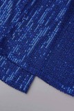 Blue Sexy Solid Sequins Backless Halter Regular Jumpsuits