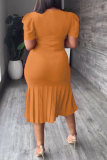 Red Casual Solid Basic O Neck Short Sleeve Dress