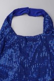 Blue Sexy Solid Sequins Backless Halter Regular Jumpsuits