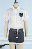 Red Casual Print Patchwork Shirt Collar Short Sleeve Two Pieces