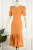 Red Casual Solid Basic O Neck Short Sleeve Dress