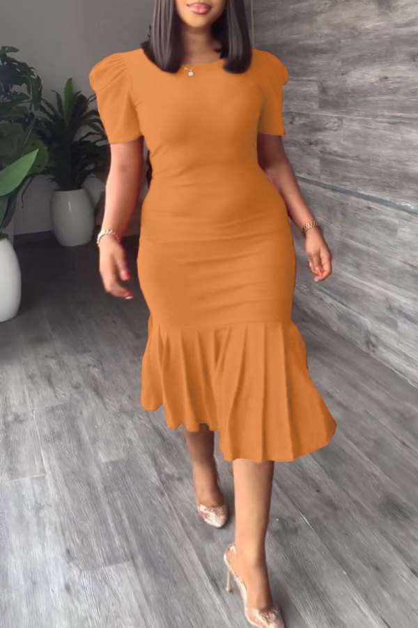 Orange Casual Solid Basic O Neck Short Sleeve Dress
