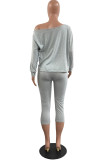 Grey Casual Letter Print Basic Oblique Collar Long Sleeve Two Pieces