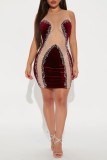 Black Sexy Patchwork Hot Drilling See-through O Neck Sleeveless Dress Dresses