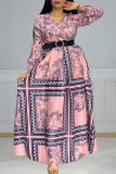 Apricot Casual Print Patchwork With Belt V Neck Long Sleeve Plus Size Dresses