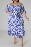 Blue Casual Print Backless Off the Shoulder Short Sleeve Dress Plus Size Dresses