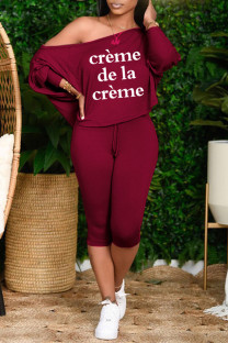 Burgundy Casual Letter Print Basic Oblique Collar Long Sleeve Two Pieces